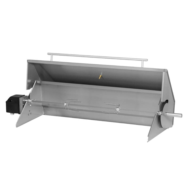 A gray rotisserie dome accessory for a Chad-O-Chef 6-Burner Gas Braai.