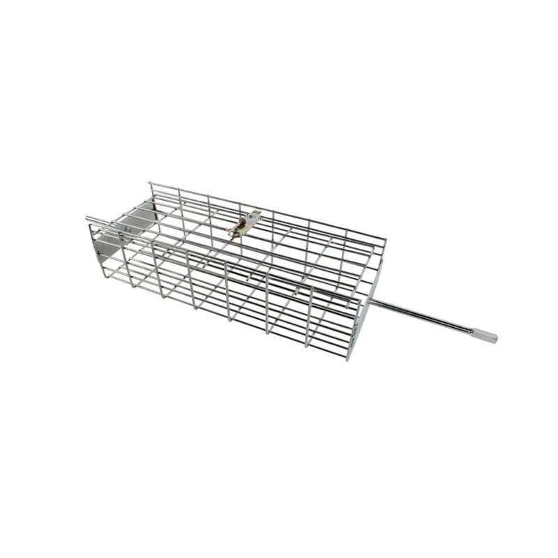 Chrome-plated mild steel rotisserie basket with a long handle, featuring a rectangular shape with multiple wire racks inside.