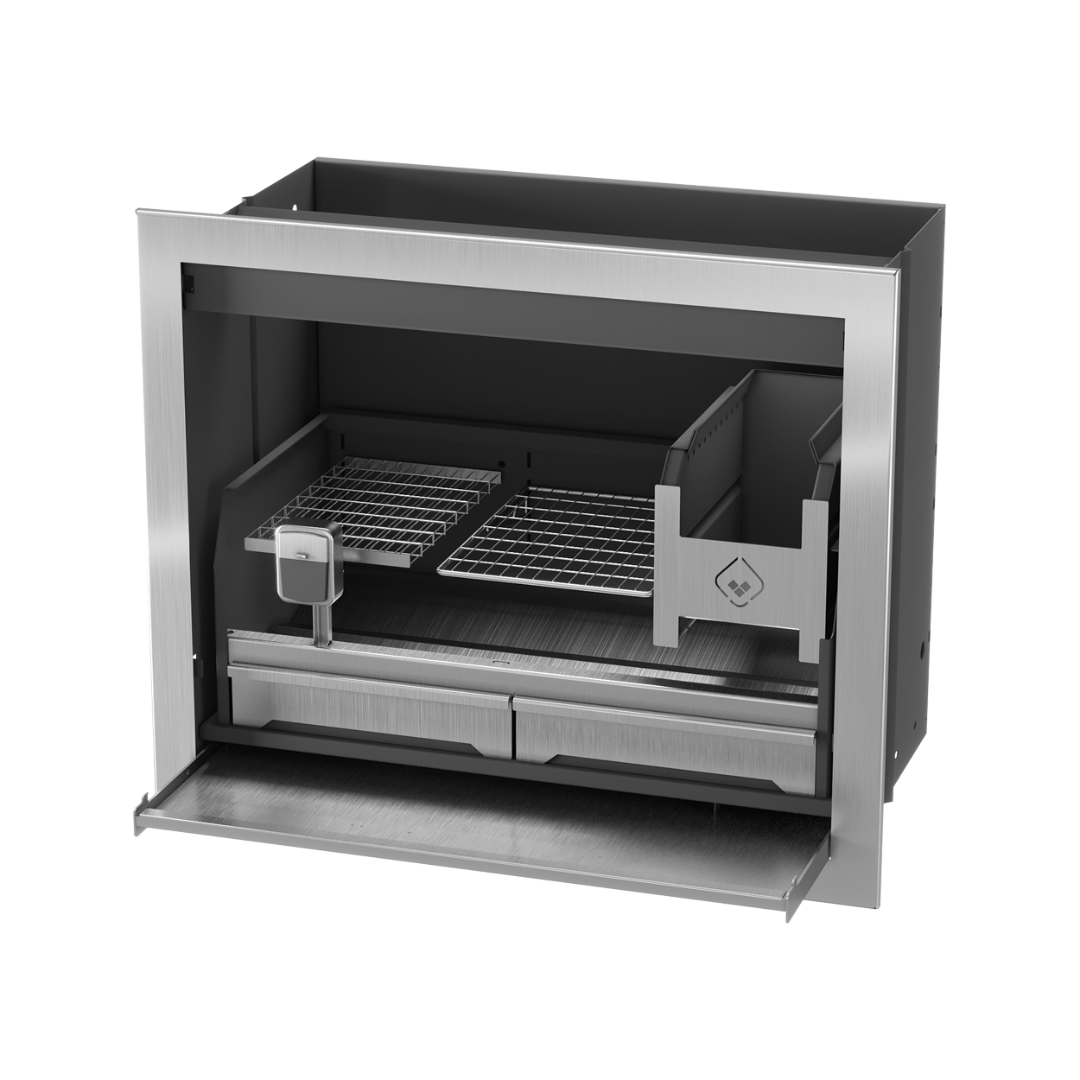 An outdoor built-in black braai (grill) with a metal structure and a glass door.