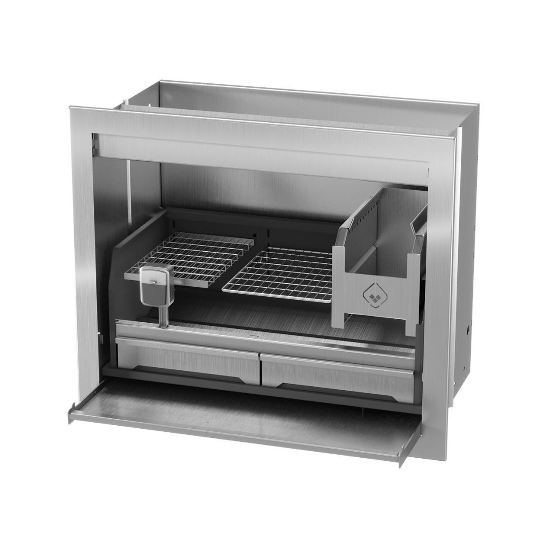 A built-in stainless steel braai grill with a black finish, showing the structure and a grill rack inside.