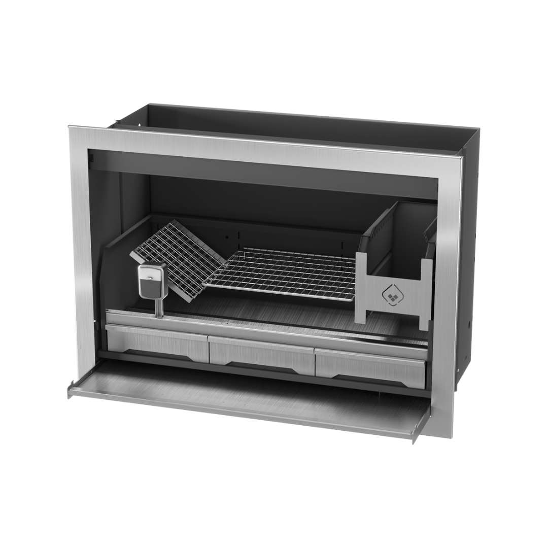 An outdoor built-in black braai (grill) with a metal structure and a glass door.