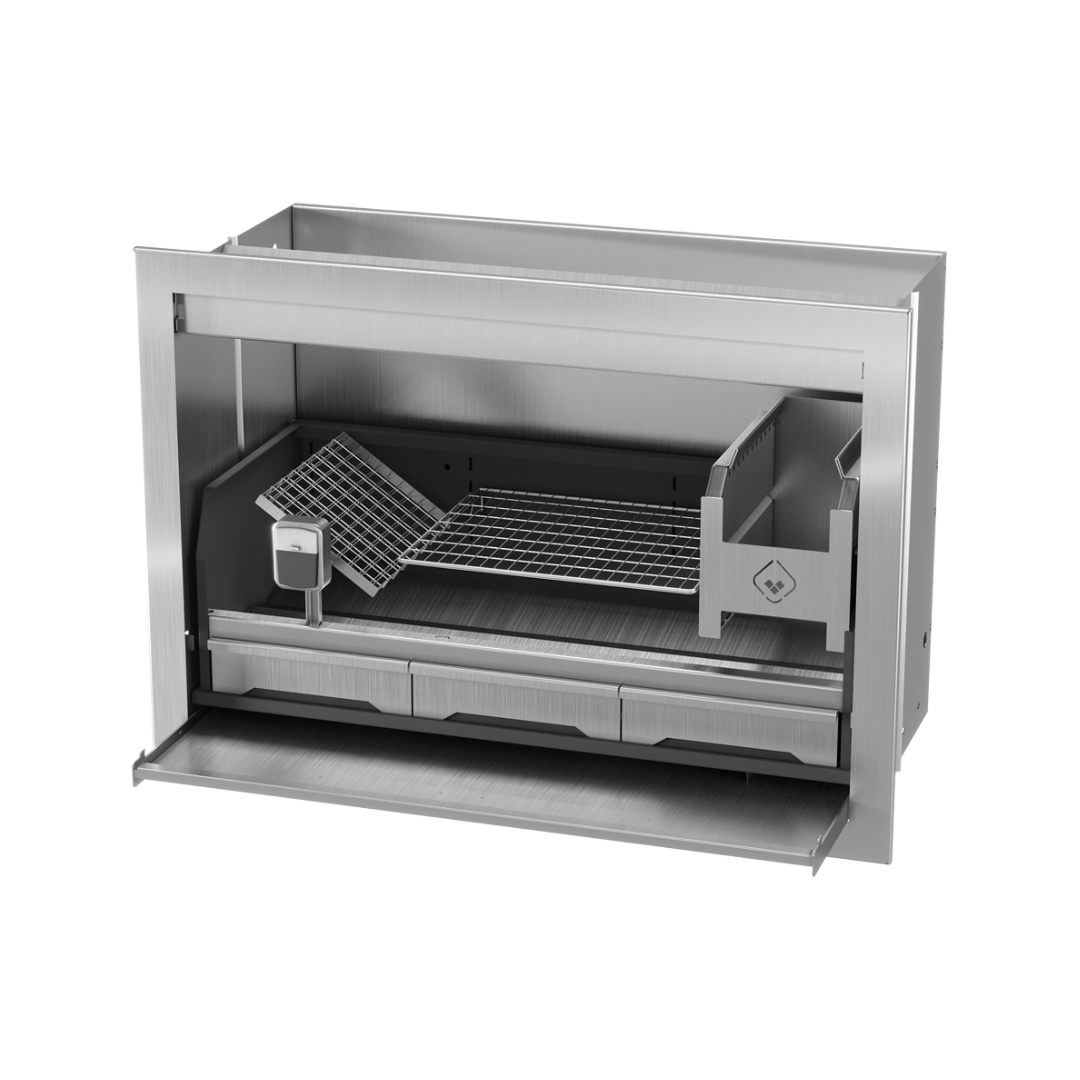 A built-in stainless steel braai grill with a black finish, showing the structure and a grill rack inside.