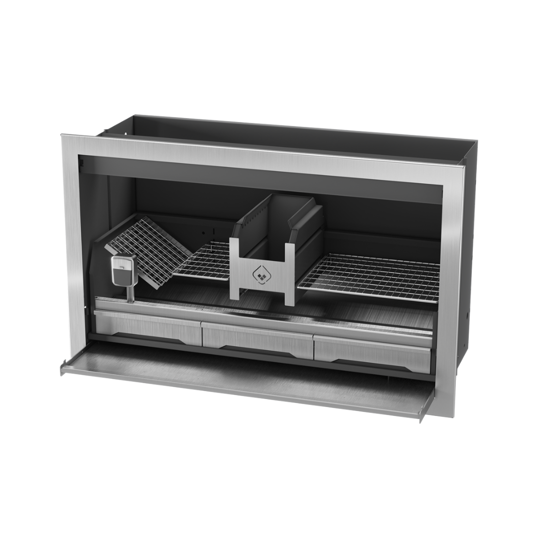 An outdoor built-in black braai (grill) with a metal structure and a glass door.