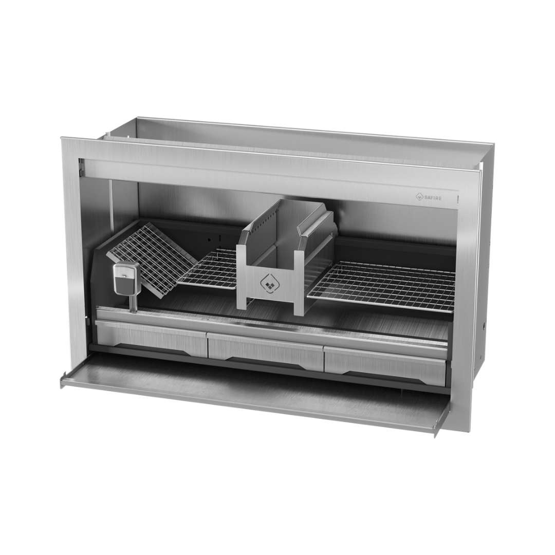 A built-in stainless steel braai grill with a black finish, showing the structure and a grill rack inside.