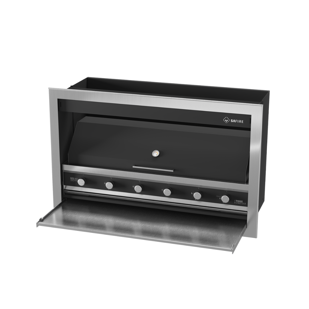 A black SAfire Pyro Gas Braai Grill with a visible control panel and a closed lid.