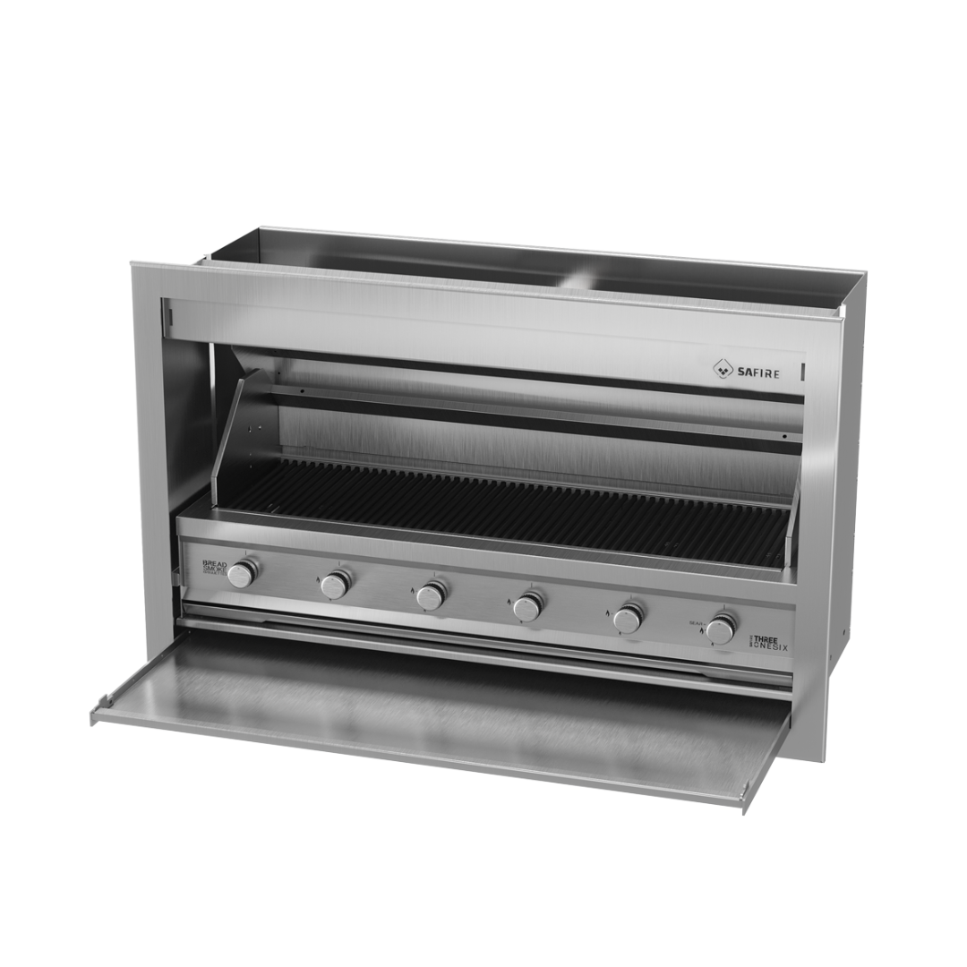 An outdoor gas braai grill with a silver finish and control knobs on the front.