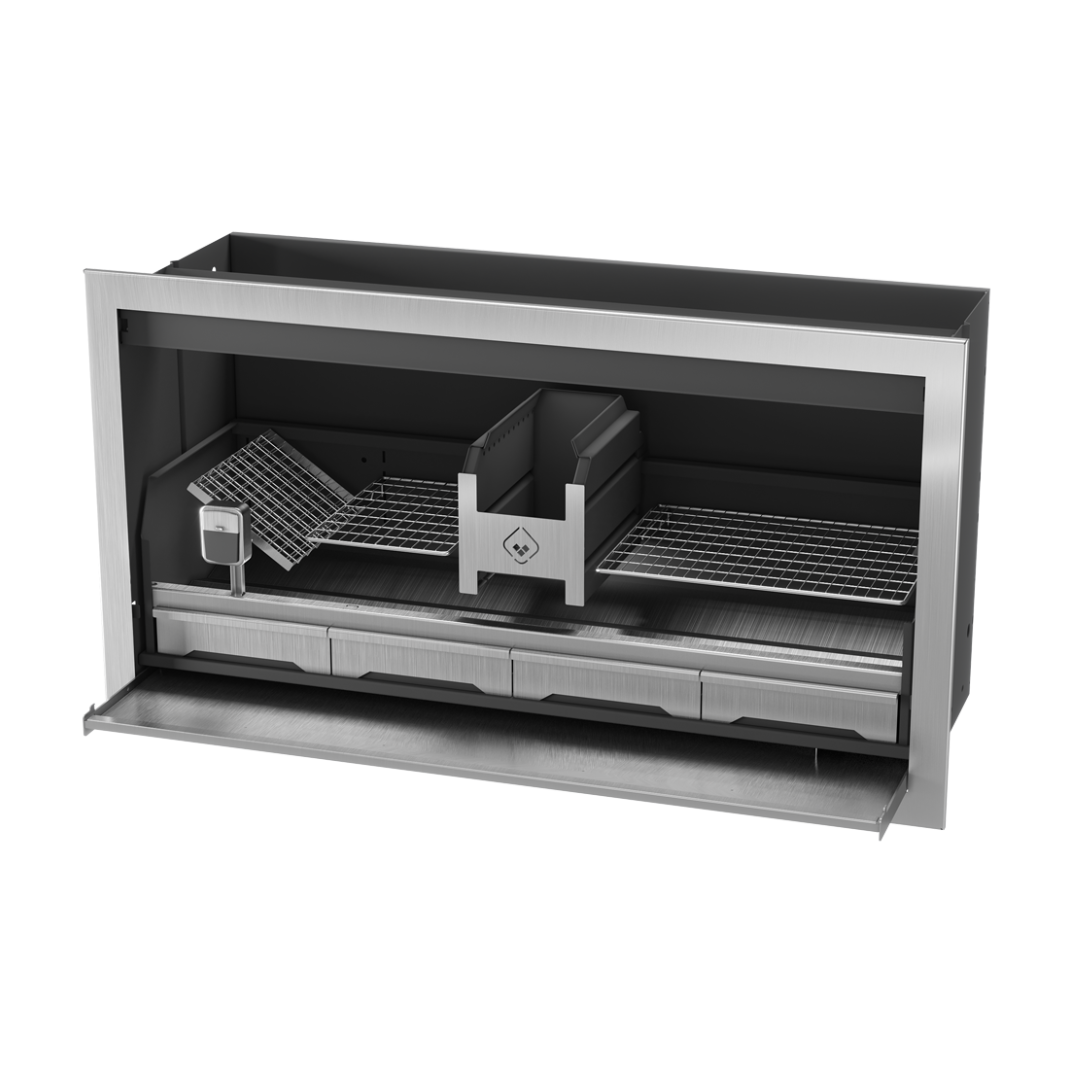 An outdoor built-in black braai (grill) with a metal structure and a glass door.