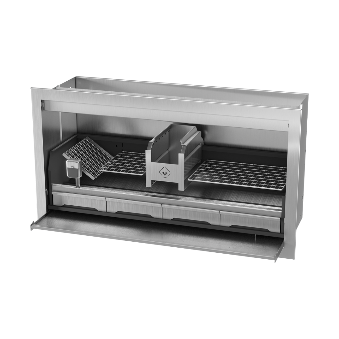 A built-in stainless steel braai grill with a black finish, showing the structure and a grill rack inside.