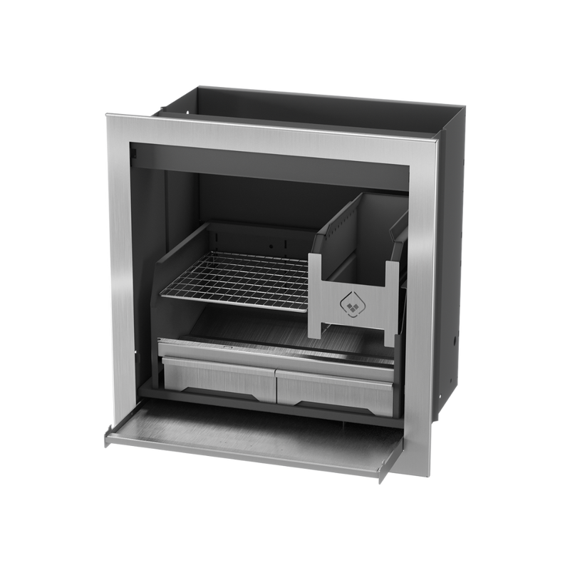 A built-in stainless steel braai grill with a black finish, showing the structure and a grill rack inside.