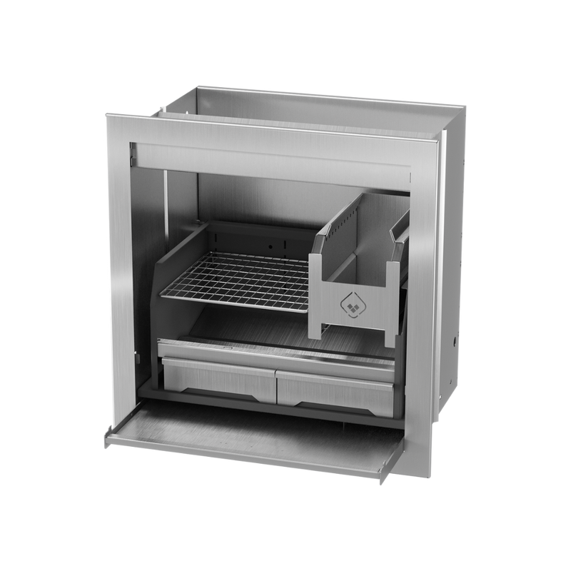 A built-in stainless steel braai grill with a black finish, showing the structure and a grill rack inside.