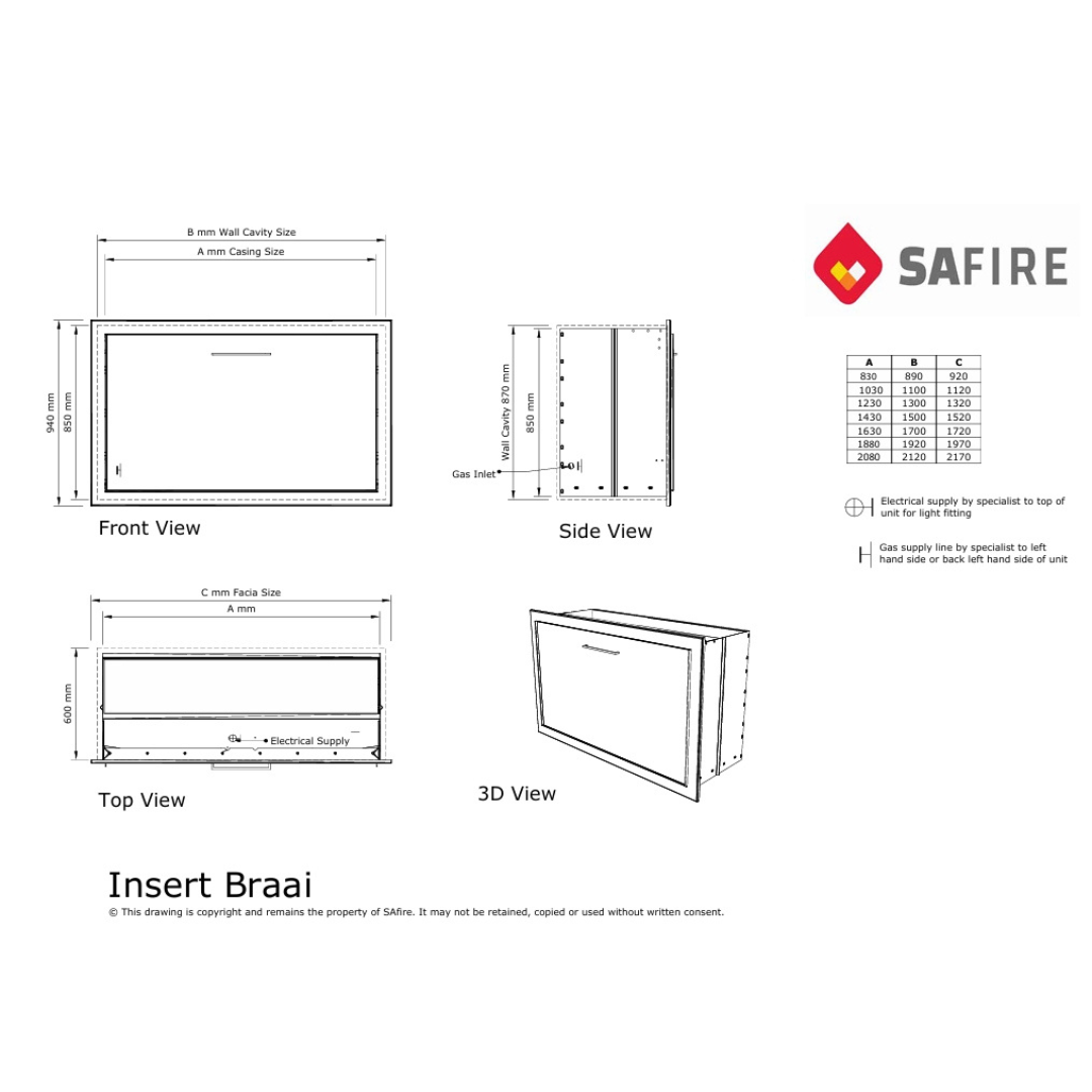 SAfire Pyro wood braai technical diagram with callouts