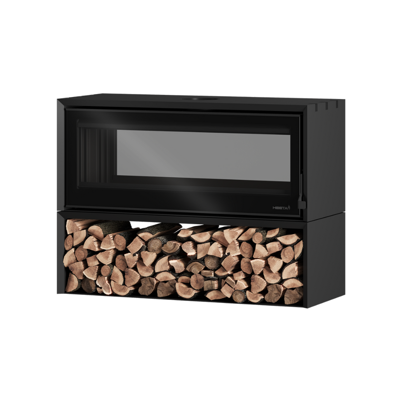 A black wood fireplace with a visible glass front and a log box filled with wood on the bottom.