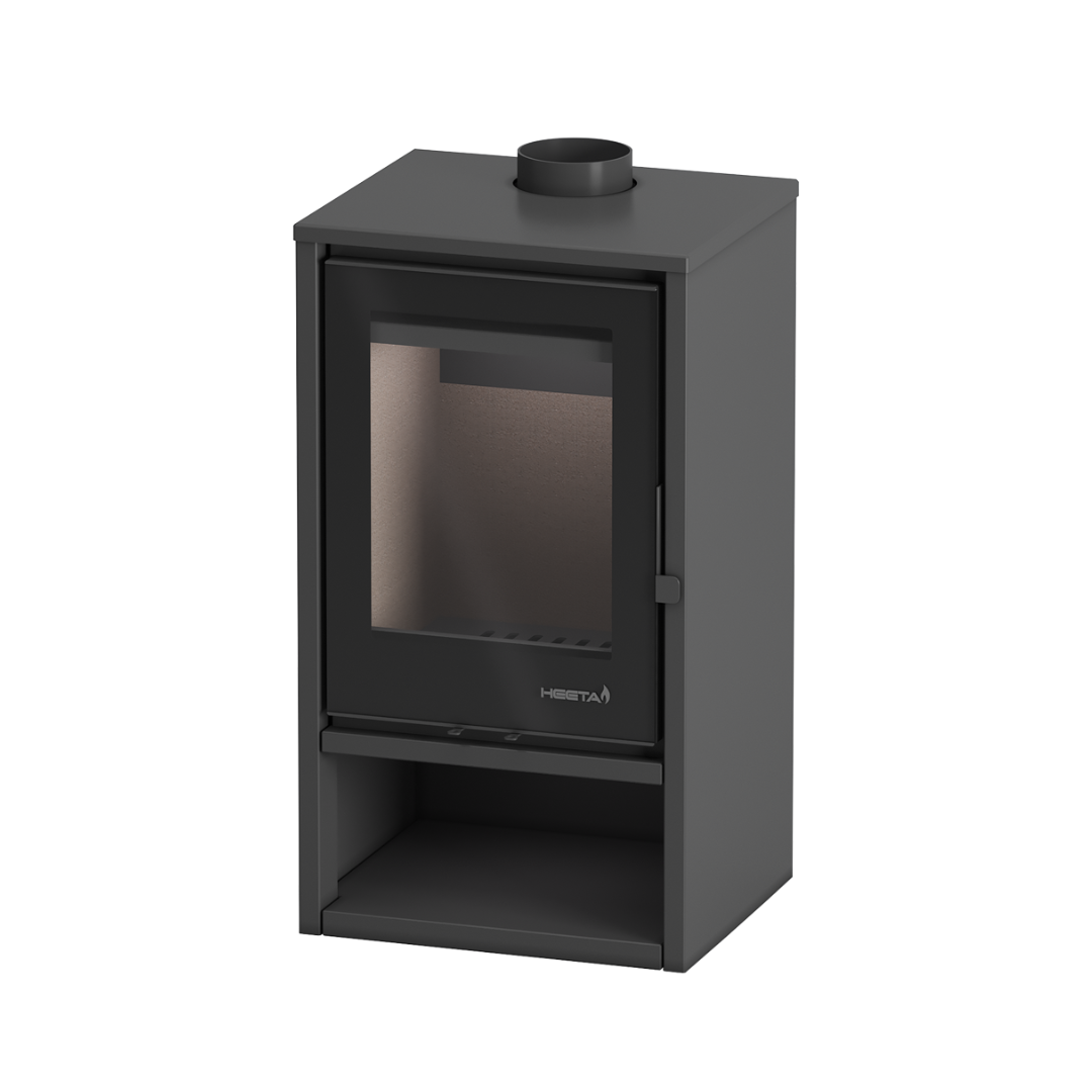 A black free-standing wood fireplace with a visible glass panel on the front.