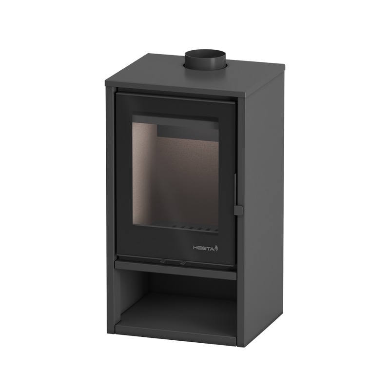 A black free-standing wood fireplace with a visible glass panel on the front.