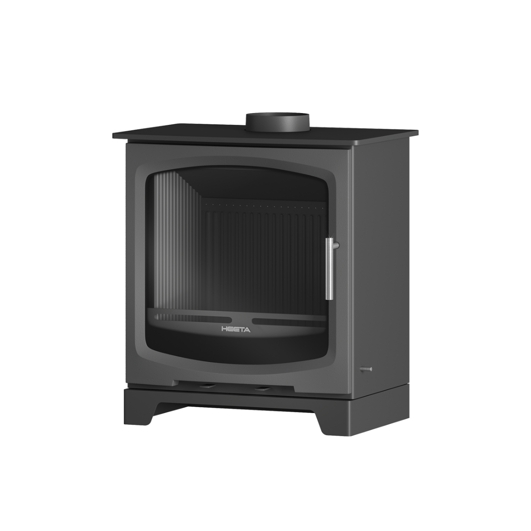 A black freestanding wood fireplace with a visible log box and a glass front.