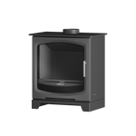 A black freestanding wood fireplace with a visible log box and a glass front.