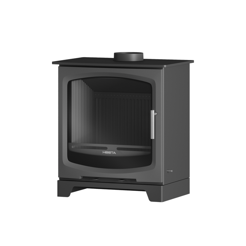 A black freestanding wood fireplace with a visible log box and a glass front.