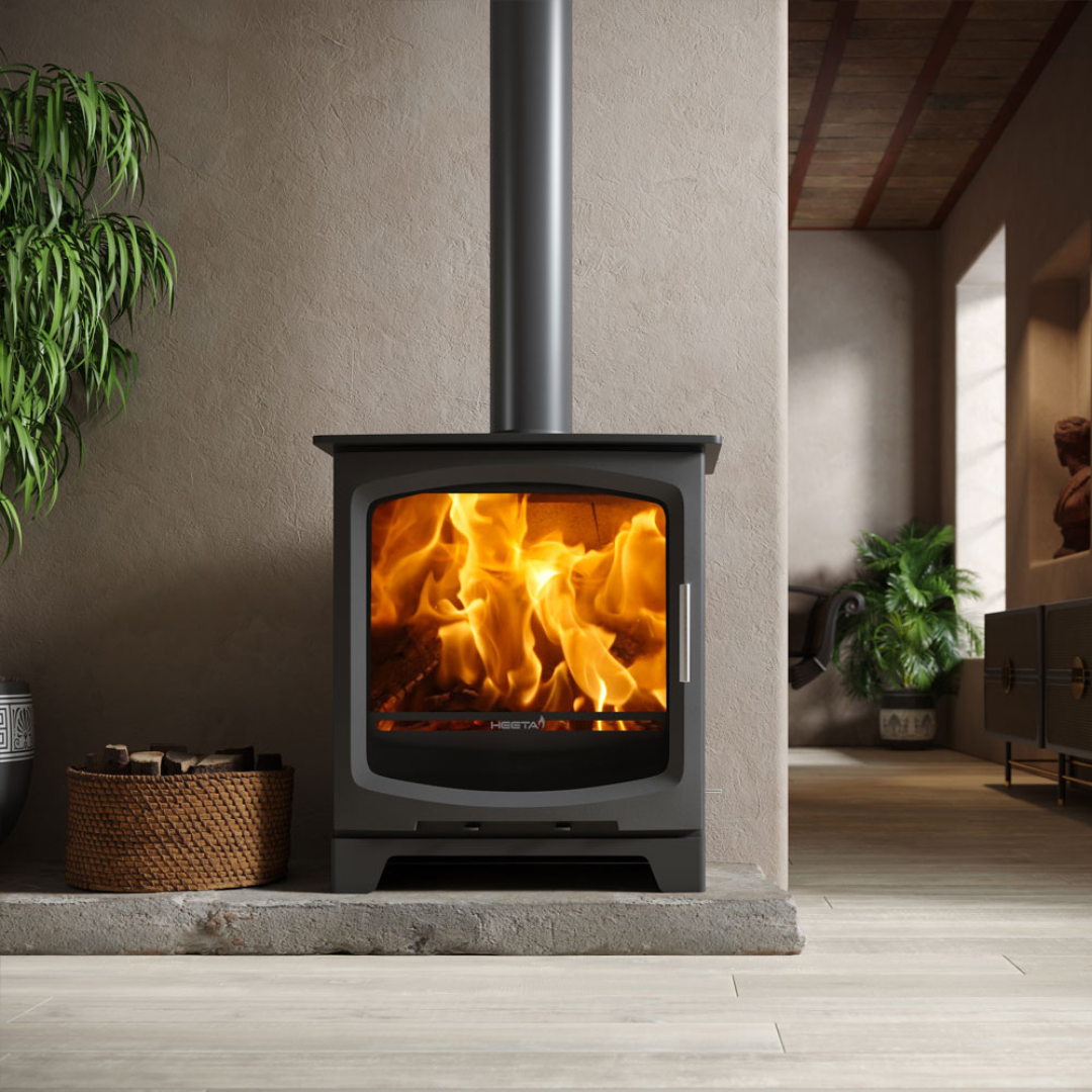 SAFire Heeta 600 Arc single sided wood fireplace with curved glass and clean lines
