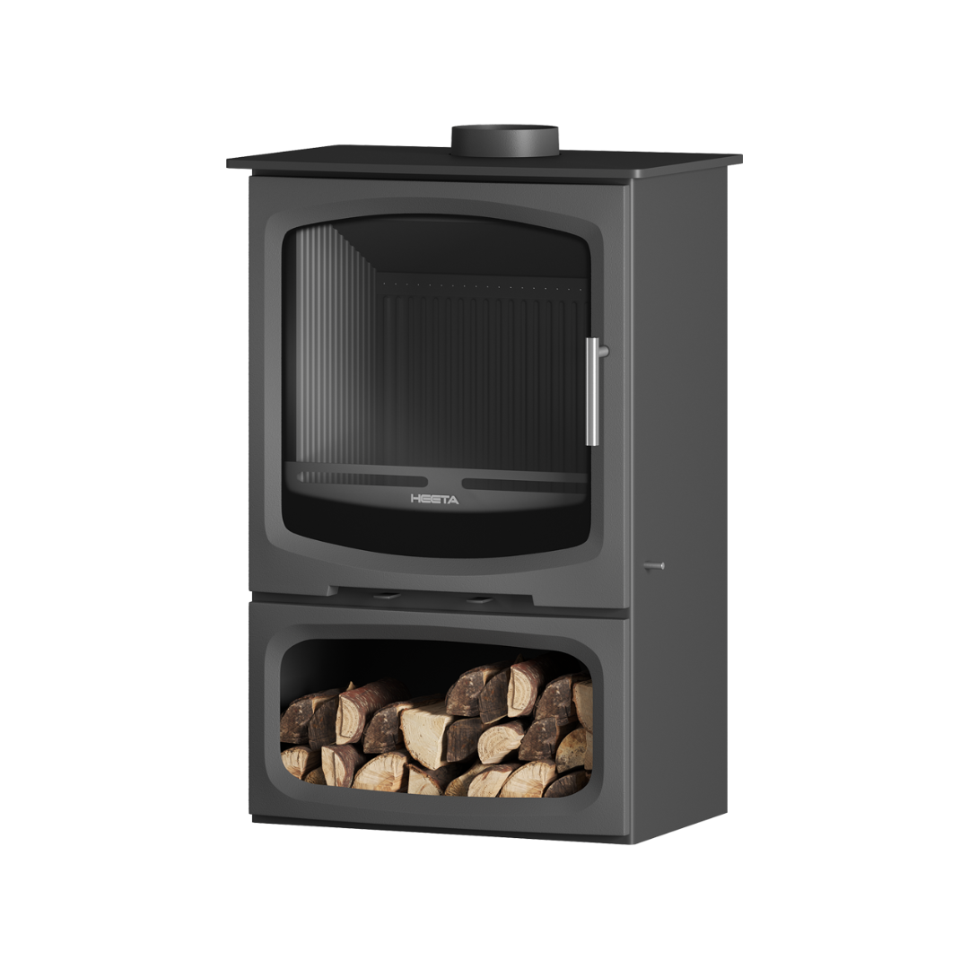 A black freestanding wood fireplace with a visible log box beneath the viewing window.