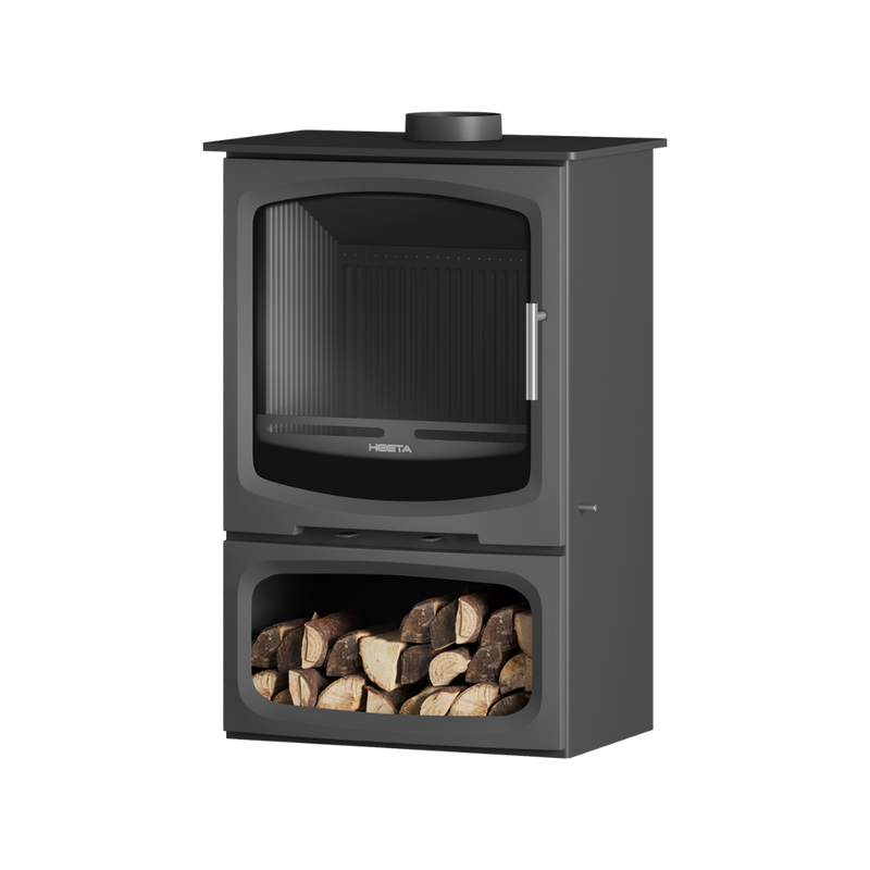 A black freestanding wood fireplace with a visible log box beneath the viewing window.