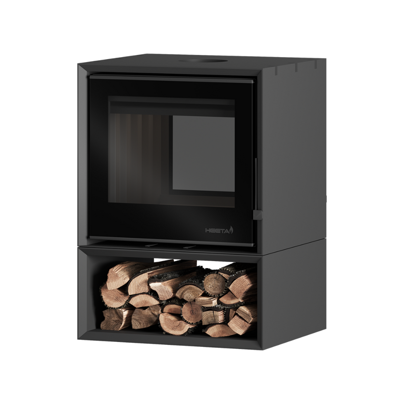 A black freestanding wood fireplace with a visible glass panel and log base.
