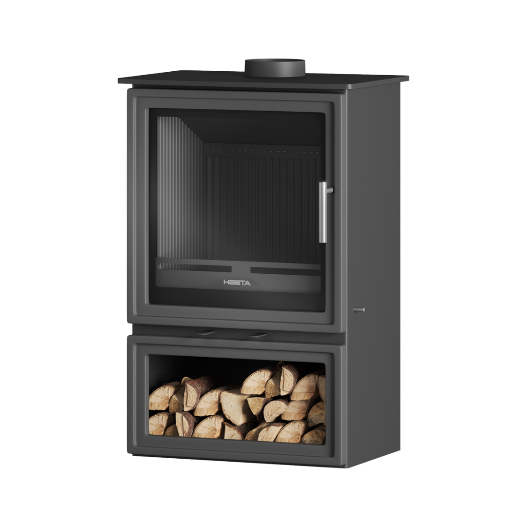 A black freestanding wood fireplace with a visible log box at the bottom.
