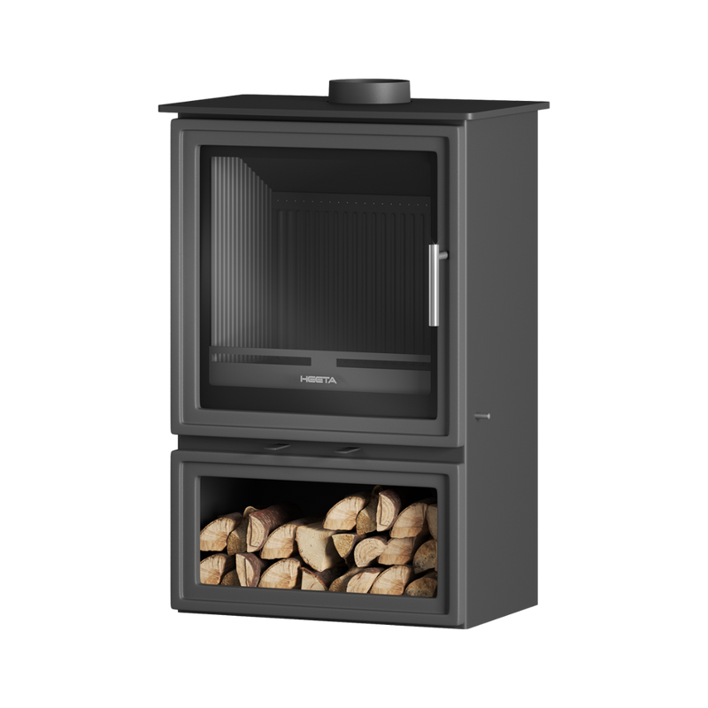 A black freestanding wood fireplace with a visible log box at the bottom.