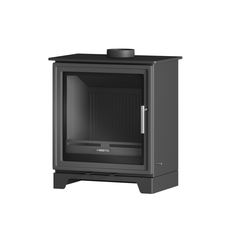 A black free-standing wood fireplace with a visible glass panel and a small wooden box on the top.