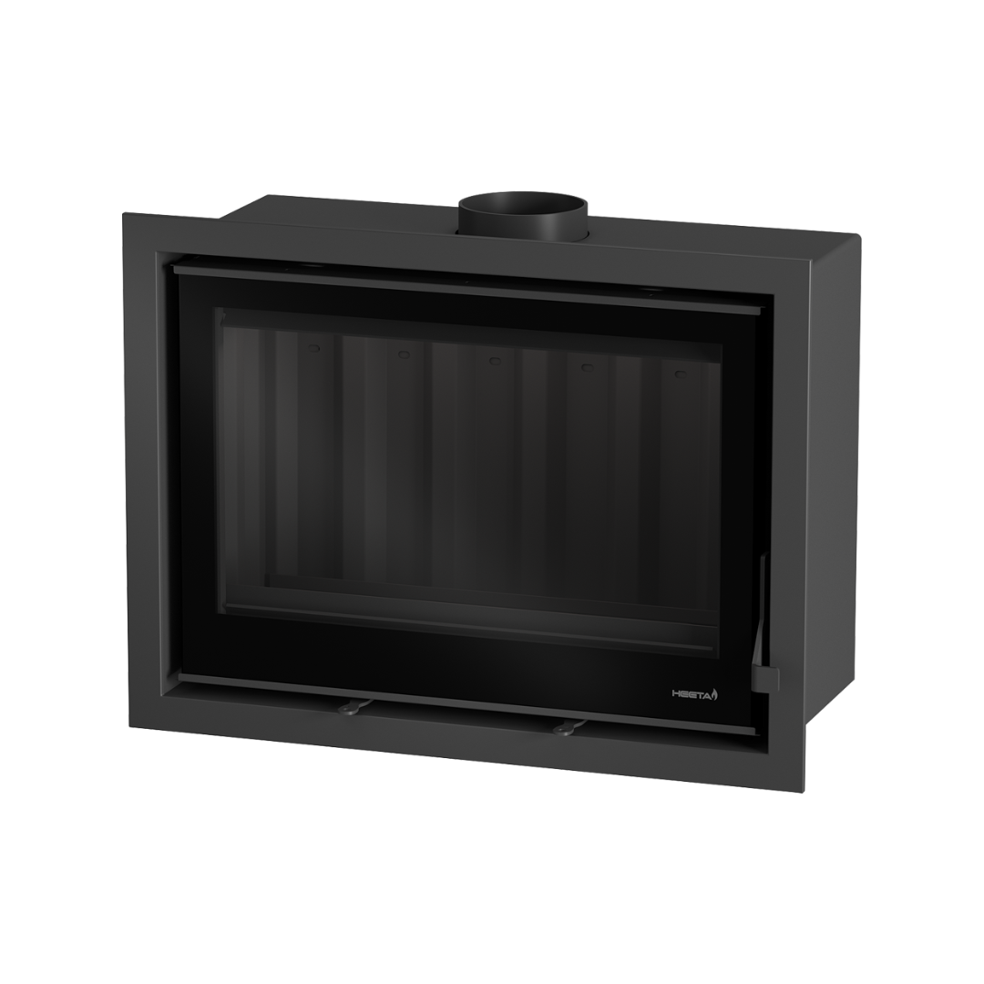 A black wood fireplace insert with a glass panel front.