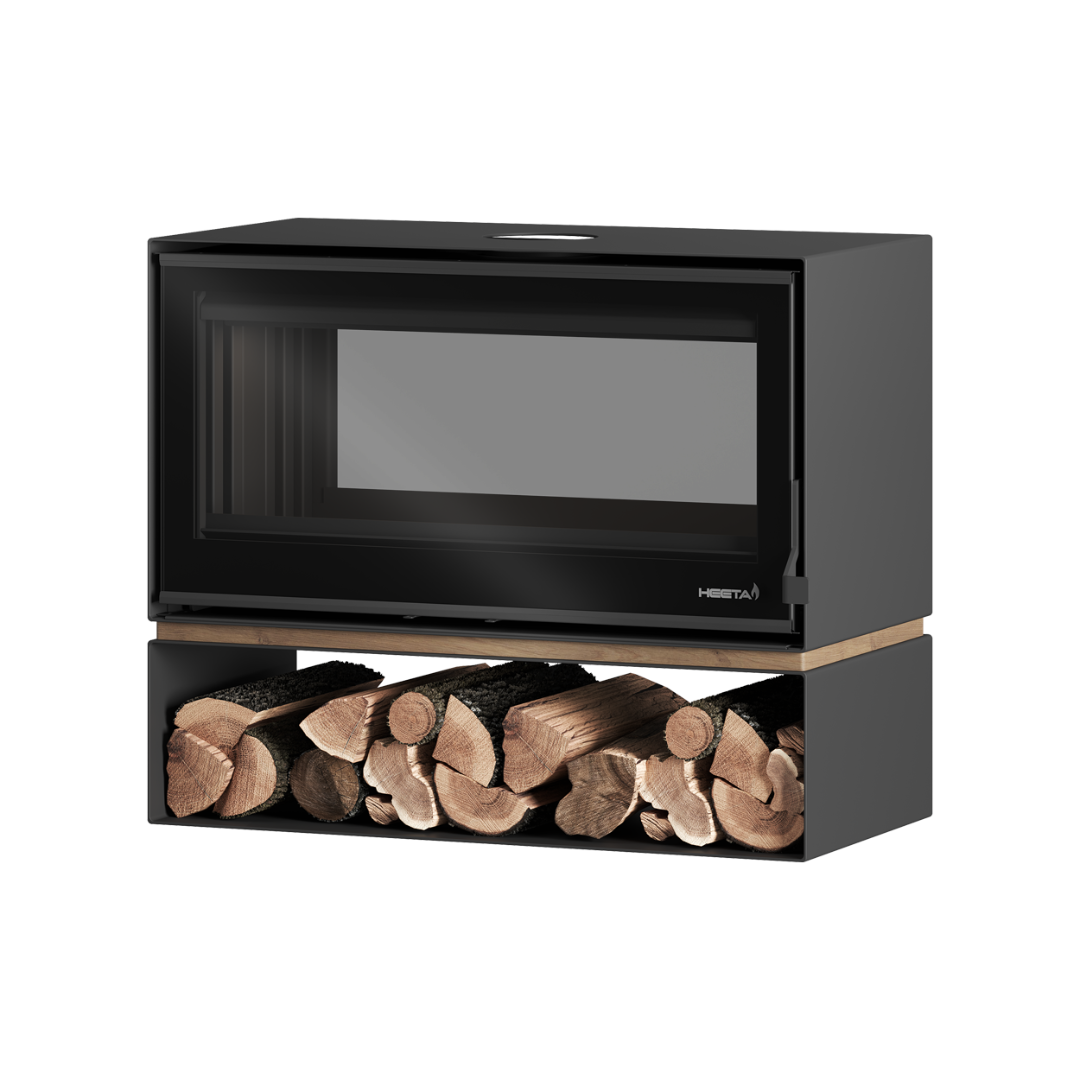 A black bevelled wood fireplace with a glass window and a log box.