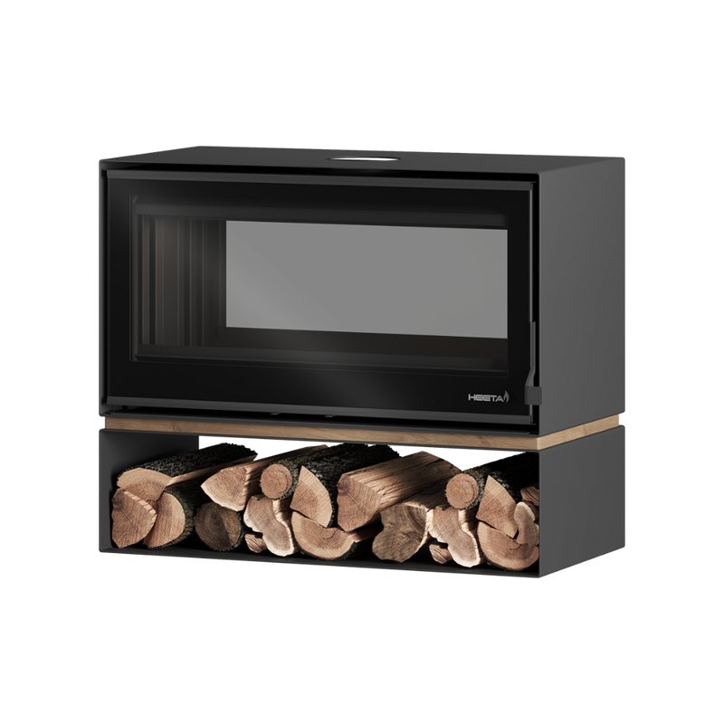 A black bevelled wood fireplace with a glass window and a log box.