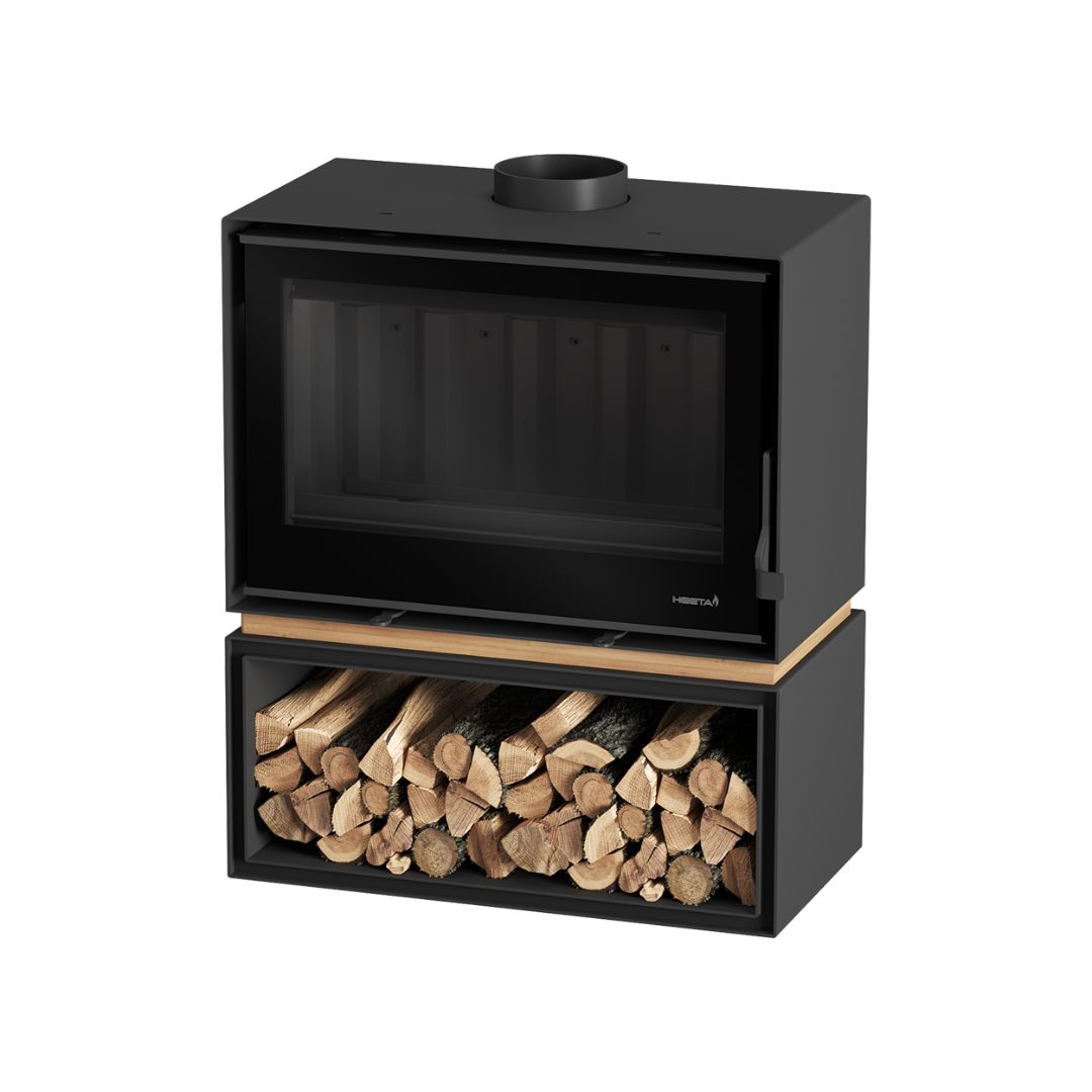 A black wood fireplace with a visible log box at the bottom, filled with wood. It has a clear glass windscreen and a small metal handle on the top.