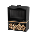 A black wood fireplace with a visible log box at the bottom, filled with wood. It has a clear glass windscreen and a small metal handle on the top.