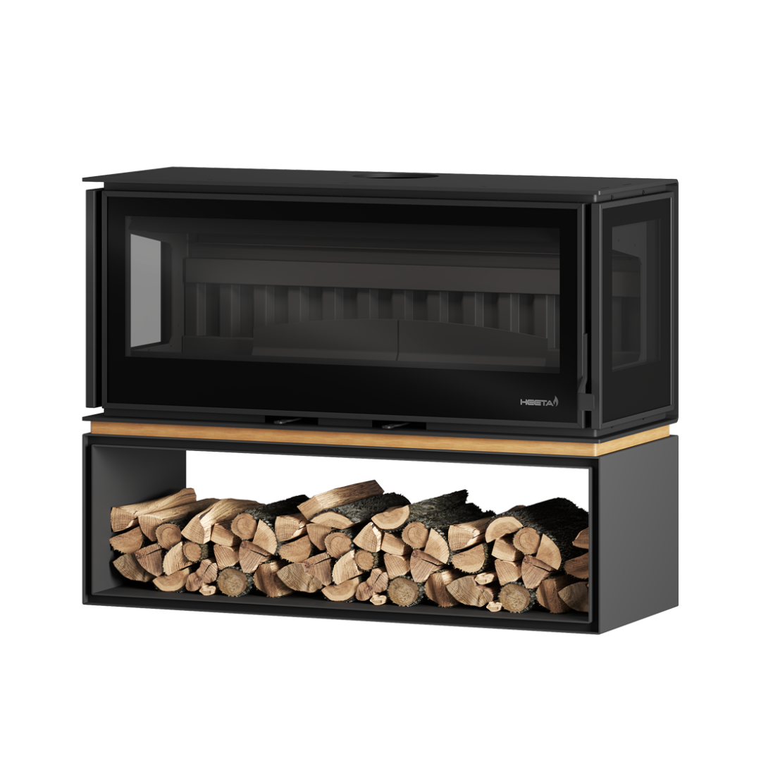 A black three-sided wood fireplace with a visible log box at the base, filled with wooden logs. The fireplace has a clear glass windscreen and a wooden mantel on top.