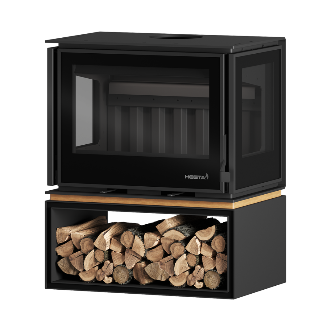 A black three-sided wood fireplace with a visible log box at the base, filled with wooden logs. The fireplace has a clear glass windscreen and a wooden mantel on top.