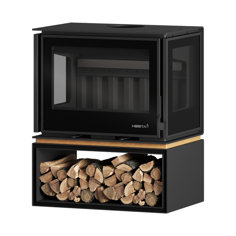 A black three-sided wood fireplace with a visible log box at the base, filled with wooden logs. The fireplace has a clear glass windscreen and a wooden mantel on top.