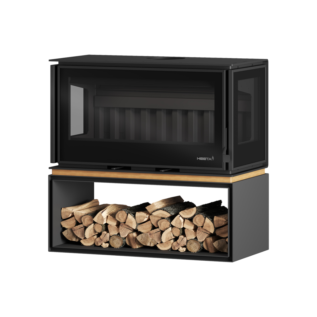 A black three-sided wood fireplace with a visible log box at the base, filled with wooden logs. The fireplace has a clear glass windscreen and a wooden mantel on top.