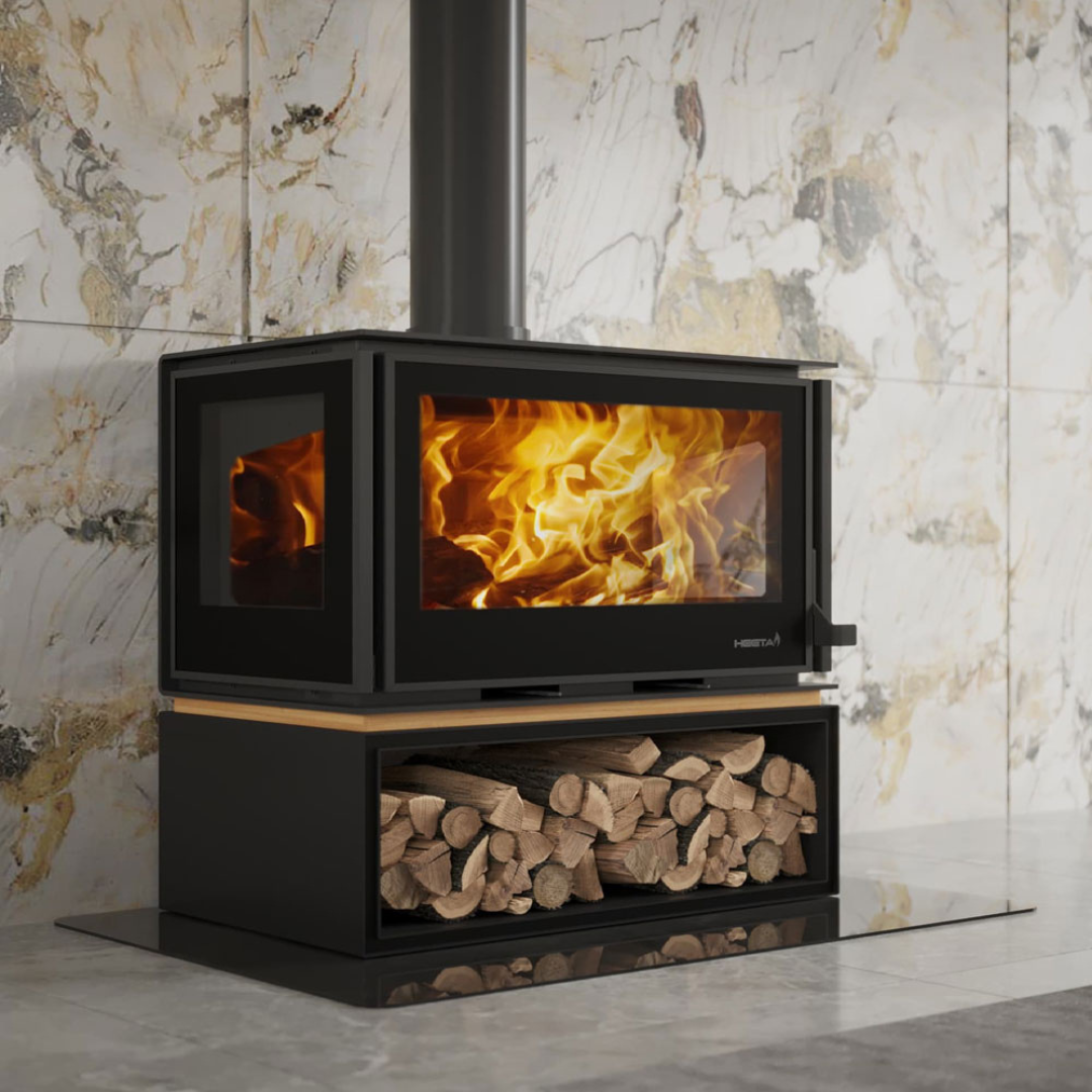 SAfire Heeta Oakley three sided log base wood fireplace