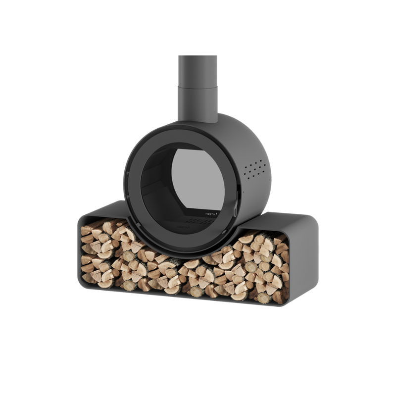 A black double-sided wood fireplace with a visible log base and a compartment for wood storage.