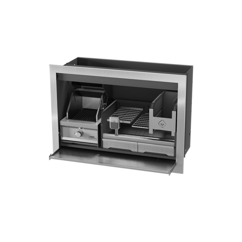 A black outdoor gas and wood braai grill combo, showing the internal structure and compartments.