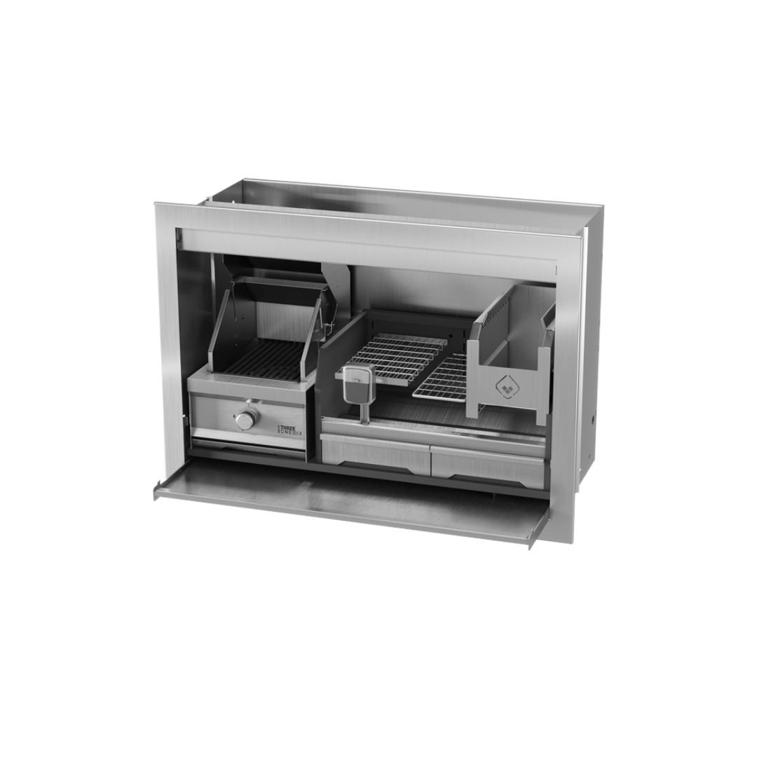 A stainless steel braai grill combo with both gas and wood sections, partially opened to show the interior.