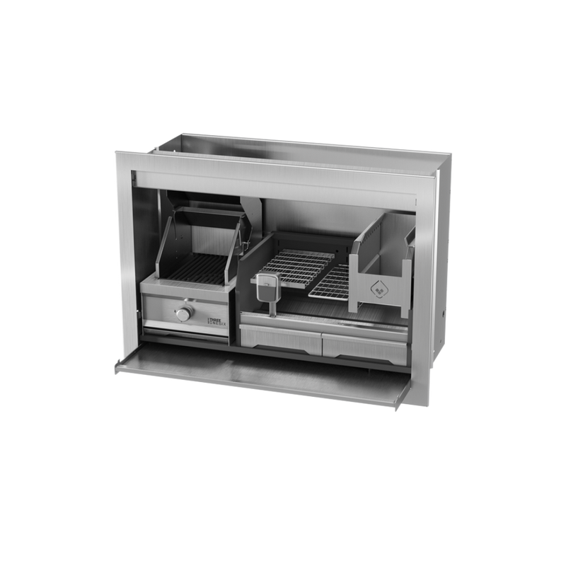 A stainless steel braai grill combo with both gas and wood sections, partially opened to show the interior.