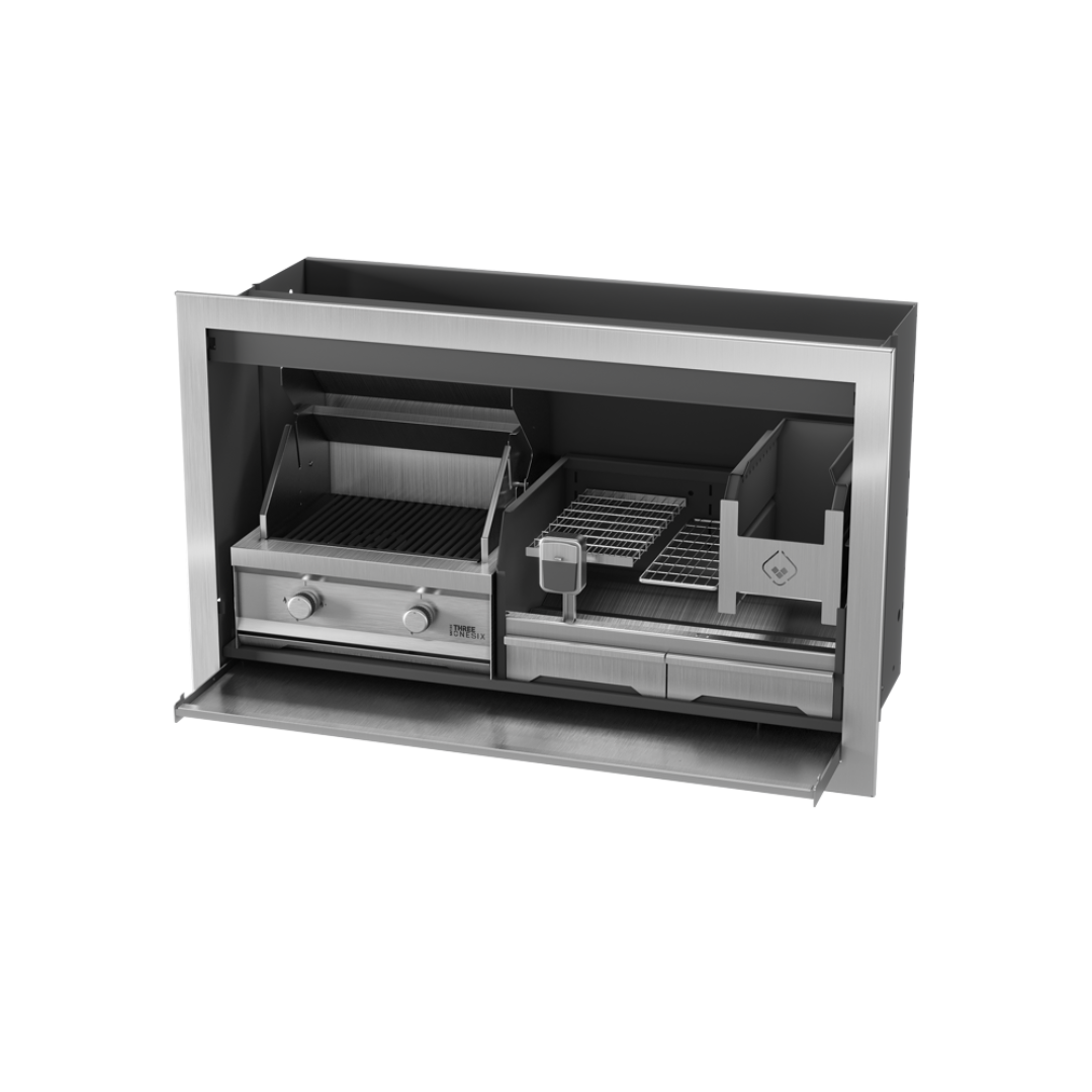 A black outdoor gas and wood braai grill combo, showing the internal structure and compartments.