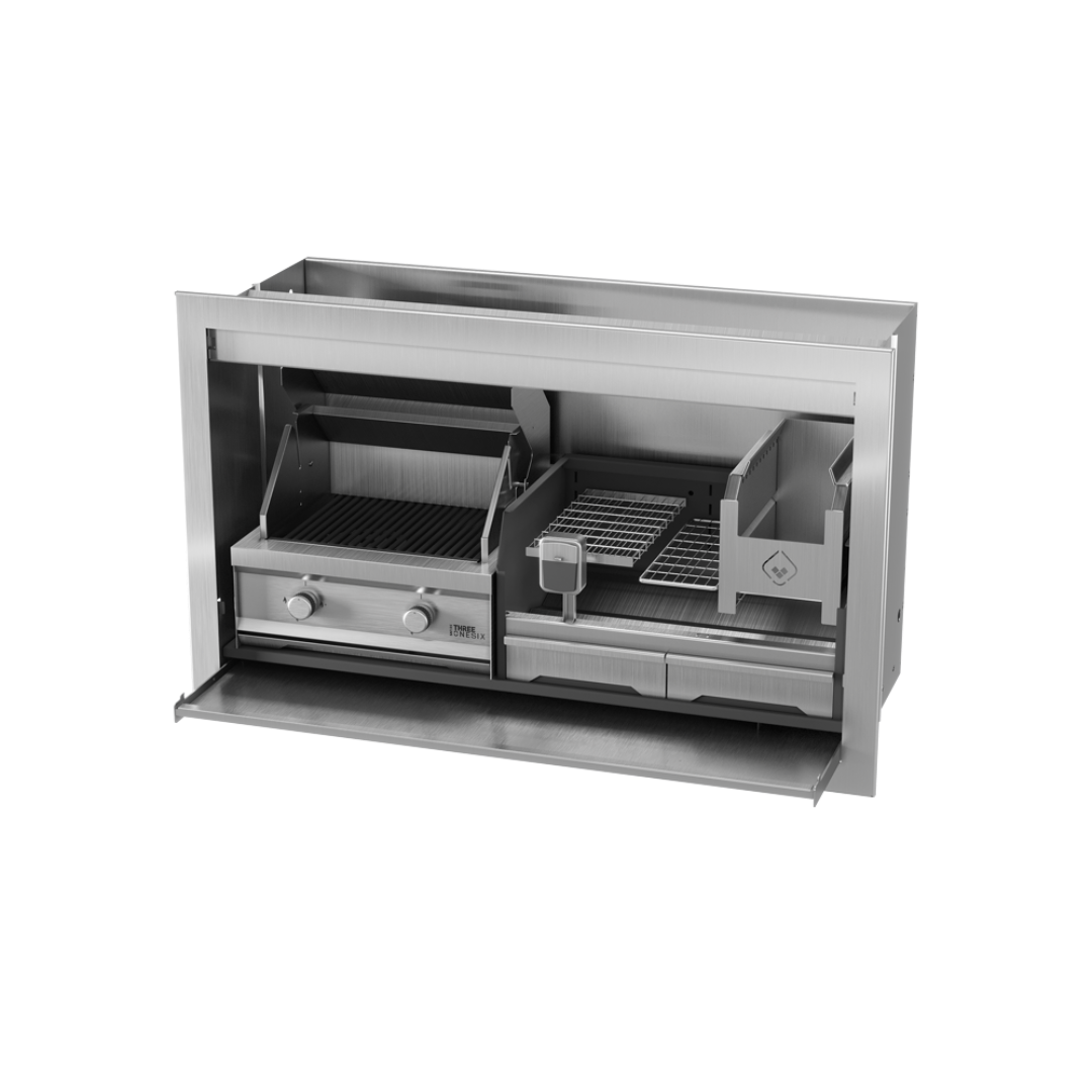 A stainless steel braai grill combo with both gas and wood sections, partially opened to show the interior.