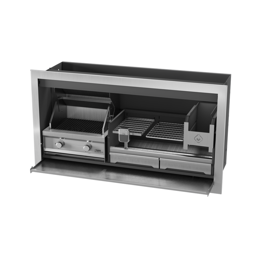 A black outdoor gas and wood braai grill combo, showing the internal structure and compartments.