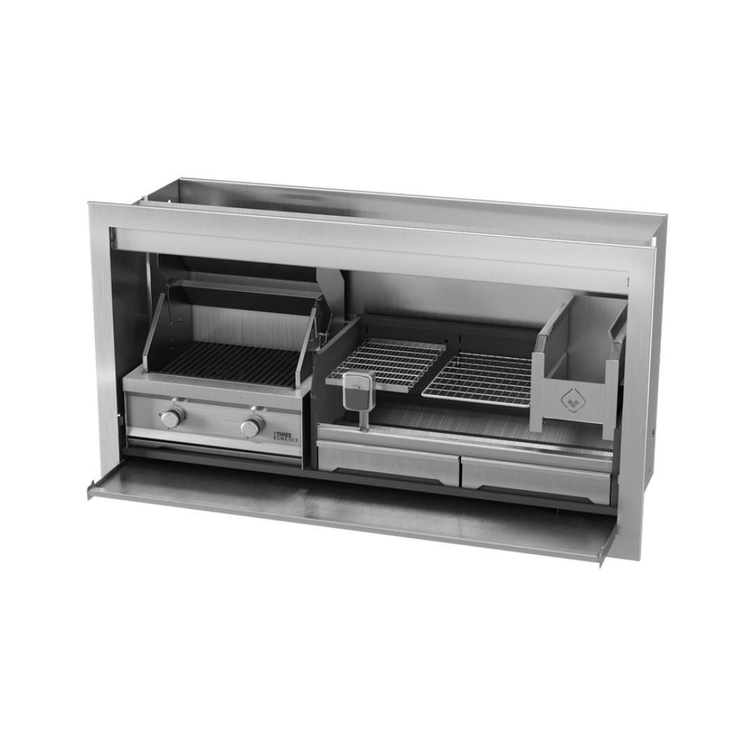 A stainless steel braai grill combo with both gas and wood sections, partially opened to show the interior.