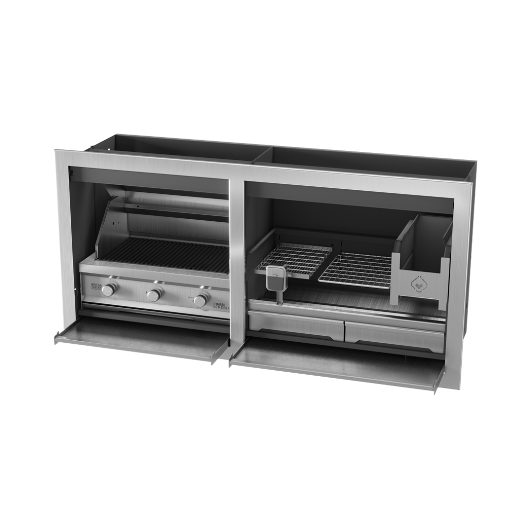 A black outdoor gas and wood braai grill combo, showing the internal structure and compartments.