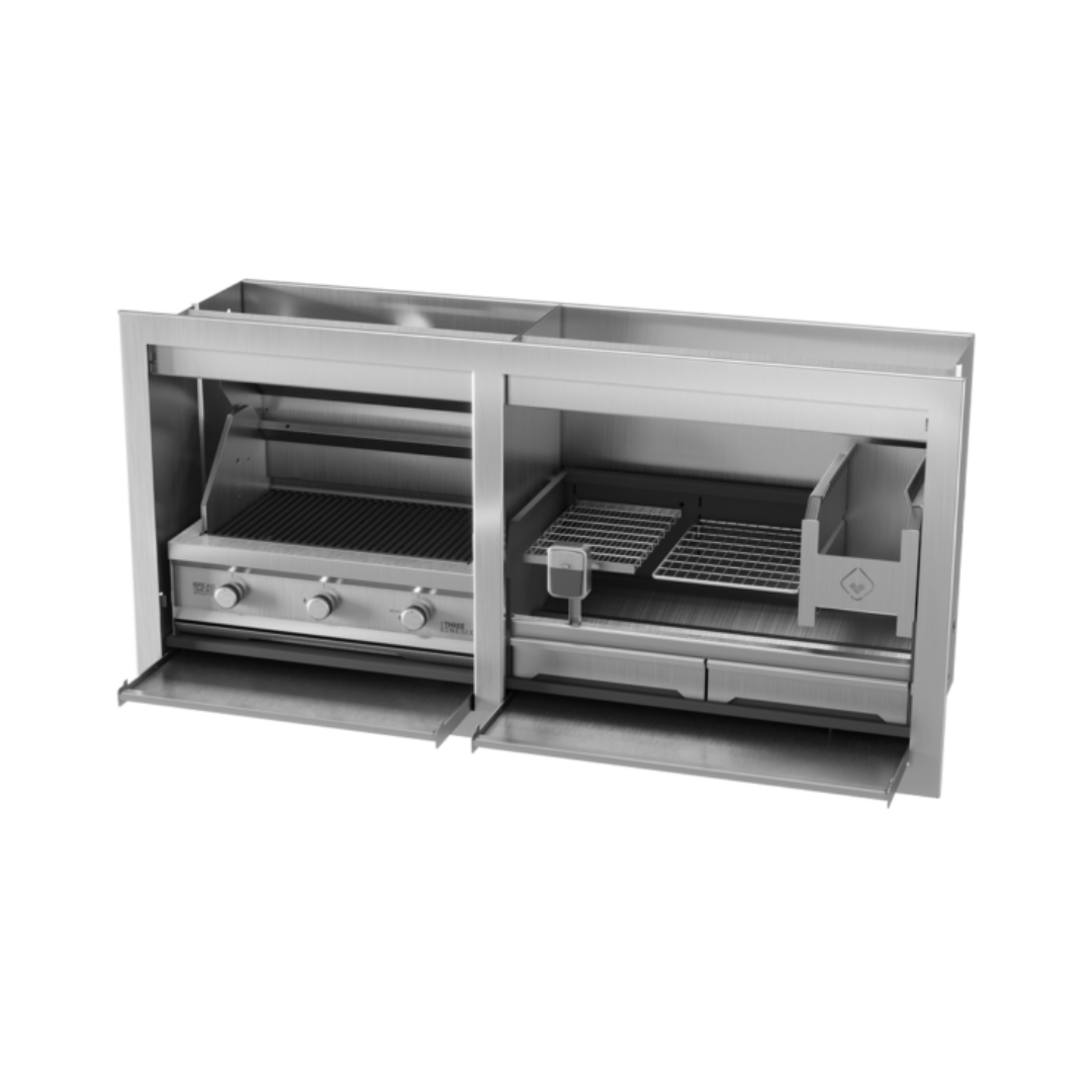 A stainless steel braai grill combo with both gas and wood sections, partially opened to show the interior.