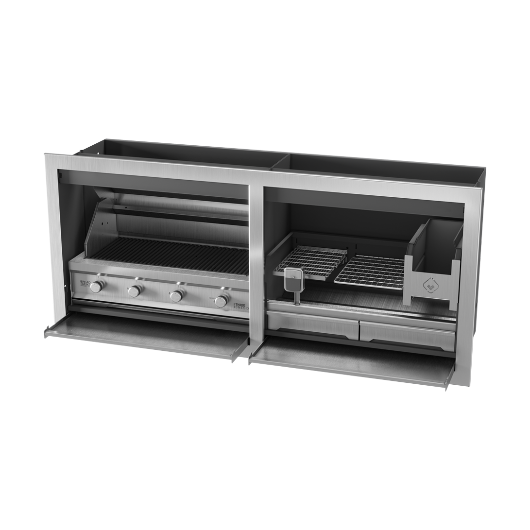 A black outdoor gas and wood braai grill combo, showing the internal structure and compartments.