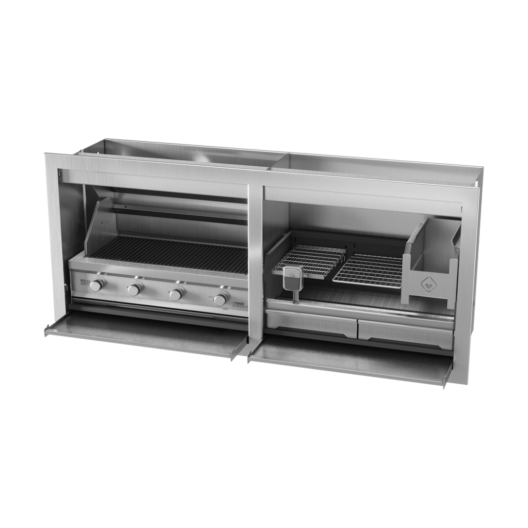 A stainless steel braai grill combo with both gas and wood sections, partially opened to show the interior.